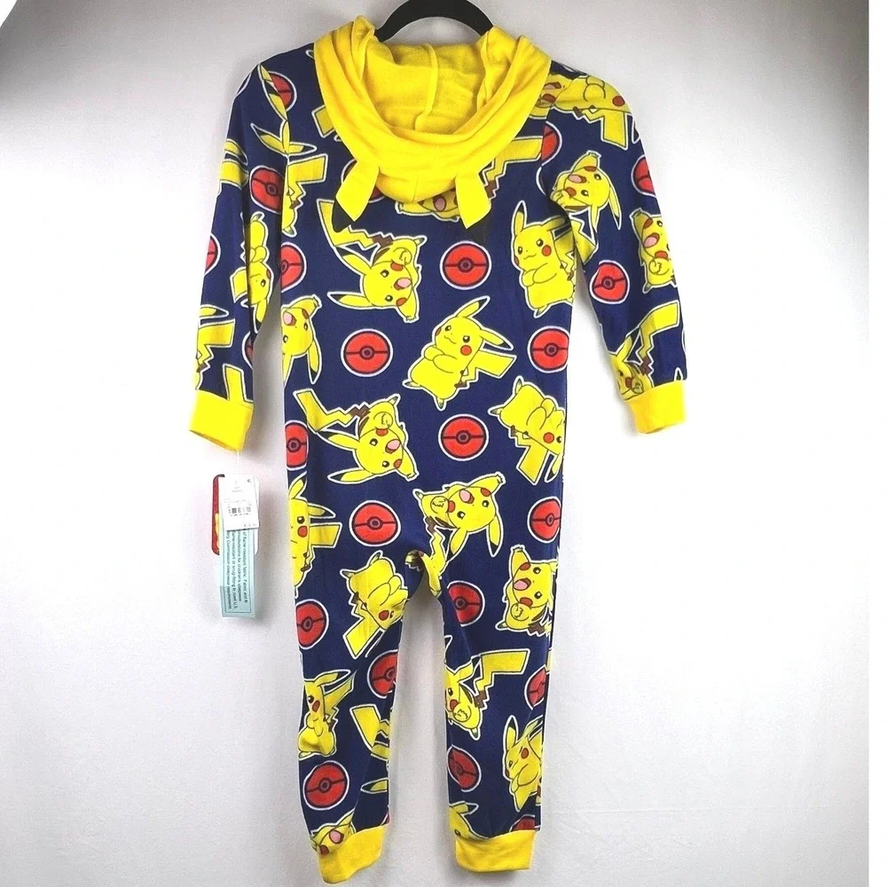 Pokemon Pikachu One Piece Hooded Pajamas Boys XS 4/5 Blue Yellow NWT